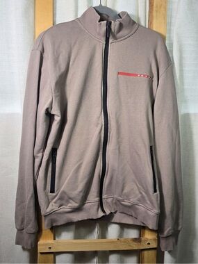 Prada Men's Taupe Full-Zip Sweater Jacket with Red Logo Detail